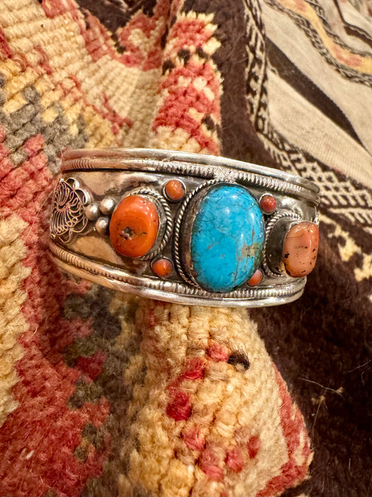 Layla, antique silver Native American turquoise and coral cuff