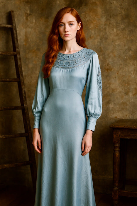 Harp, 30s silk pale blue bias cut duck egg blue dress