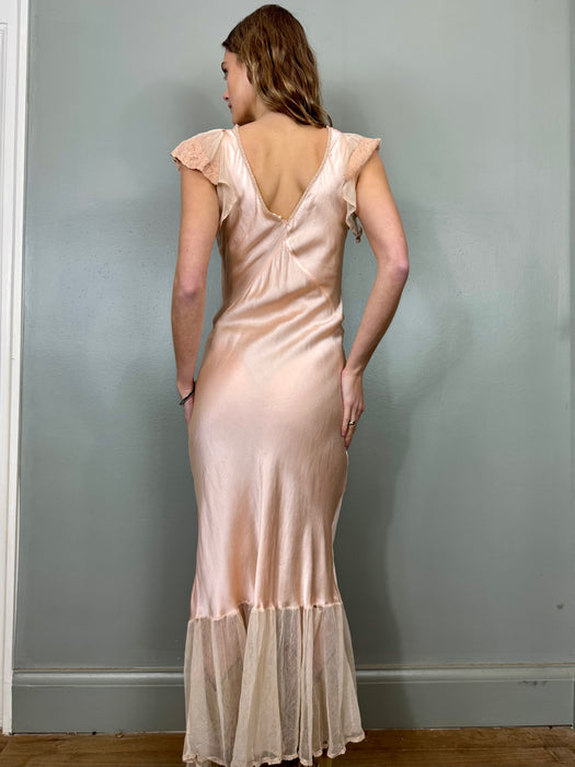 Aura, 30s light pink silk, lace and net frill dress