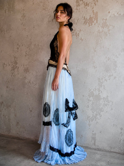 Portia, hand dyed Victorian pale blue cotton and black Chantilly lace dress