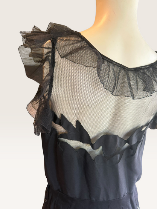 Oriel, 30s black net silk cut out frill dress