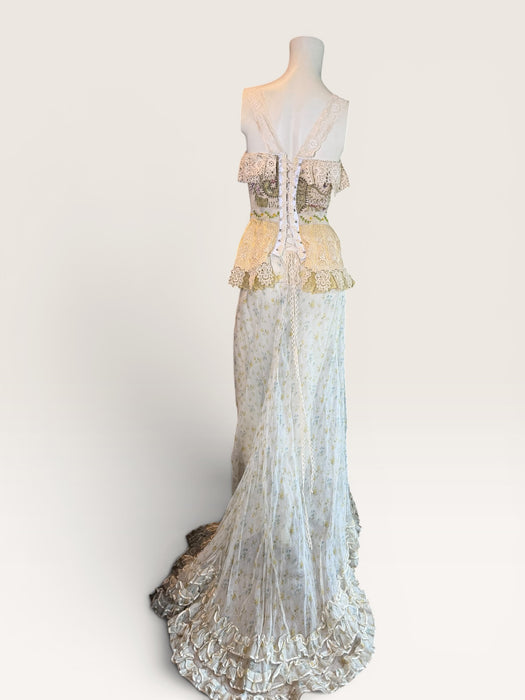 Sage, reworked Victorian embellished corset and organza frill long floral print skirt