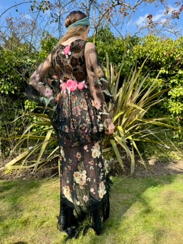 Morgana, reworked long floral devoré fringed dress