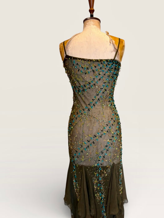 Tory, 90s beaded kaki green bias cut chiffon handkerchief dress