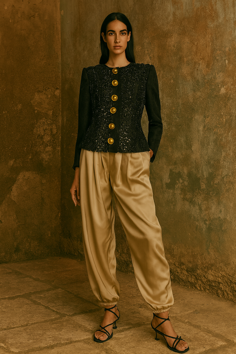 Kooki, 80s fitted silk brocade jacket with 20s jet beading