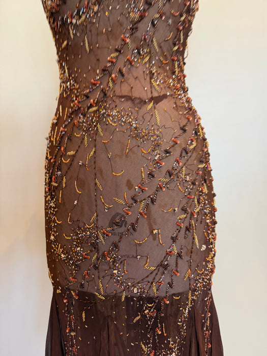 Tory, 90s beaded brown bias cut chiffon handkerchief dress