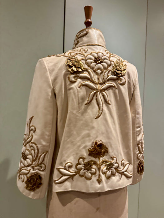 Jean-Louis Sherrer, 80s couture lather nappa cream leather jacket with gold thread quilted embroidery