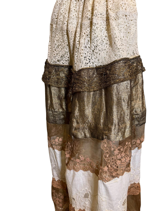 Miter, reworked 1920s French gold lamé and lace dress with Edwardian embroidery