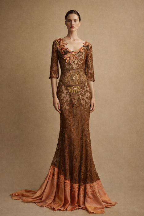 Arlo, 1930s burnt orange lace bias cut dress with Edwardian metallic embroidery and hand made silk florals