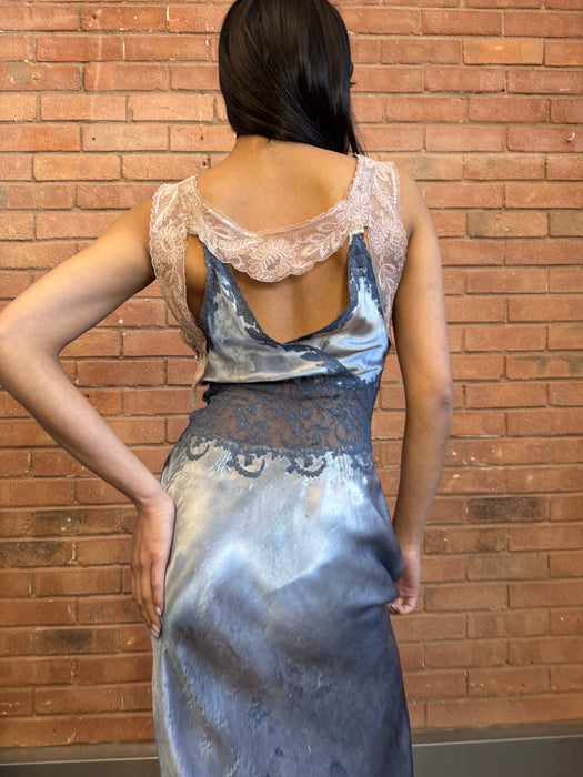 Azure, 20s bias cut hand dyed dress with lace detail