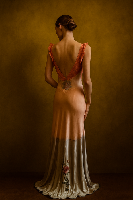 Patty, hand dyed embroidered 30s silk and lace dress