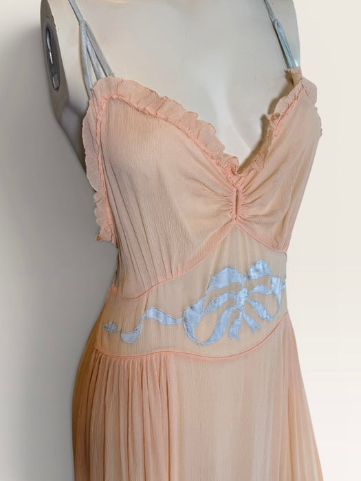 Estelle, 1930s pink and blue silk and lace smocked dress