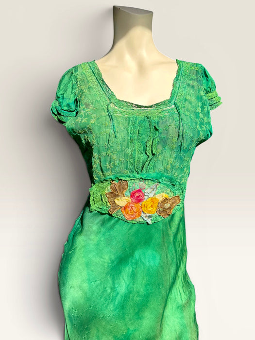 Bora, 1930s emerald green hand dyed silk bias cut dress with lace inserts and Victorian ribbon work florals