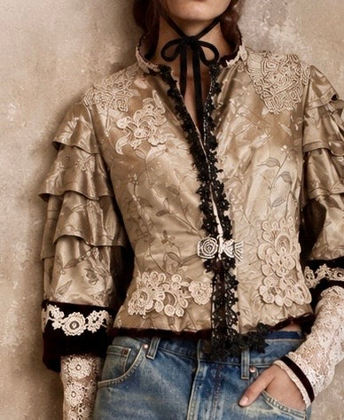 Carlotta, reworked Victorian silk damask and lace boned beaded jacket