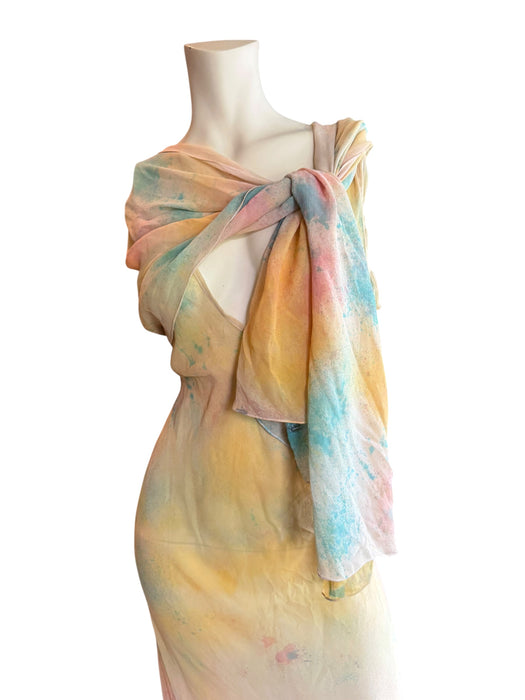 Aline, hand dyed 30s silk bias cut dress with attached belt/cape