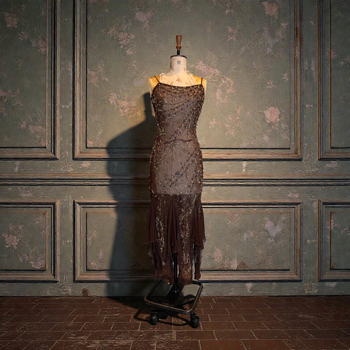 Tory, 90s beaded brown bias cut chiffon handkerchief dress