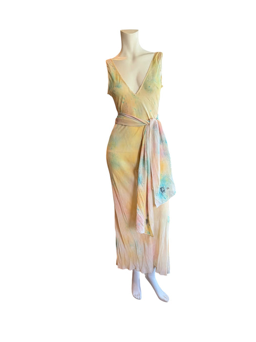 Aline, hand dyed 30s silk bias cut dress with attached belt/cape