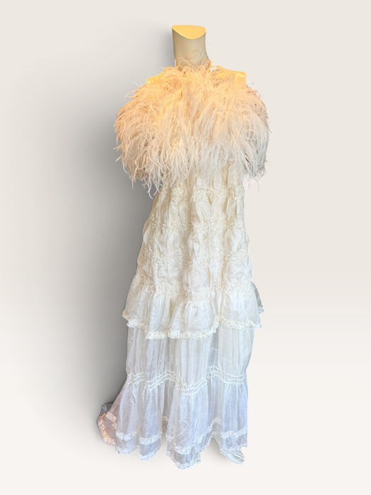 Bodie, vintage white ostrich feather and Victorian silk ruffle skirt