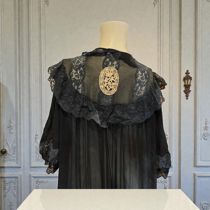 Gina, 30s black chiffon and lace robe with cream lace bows