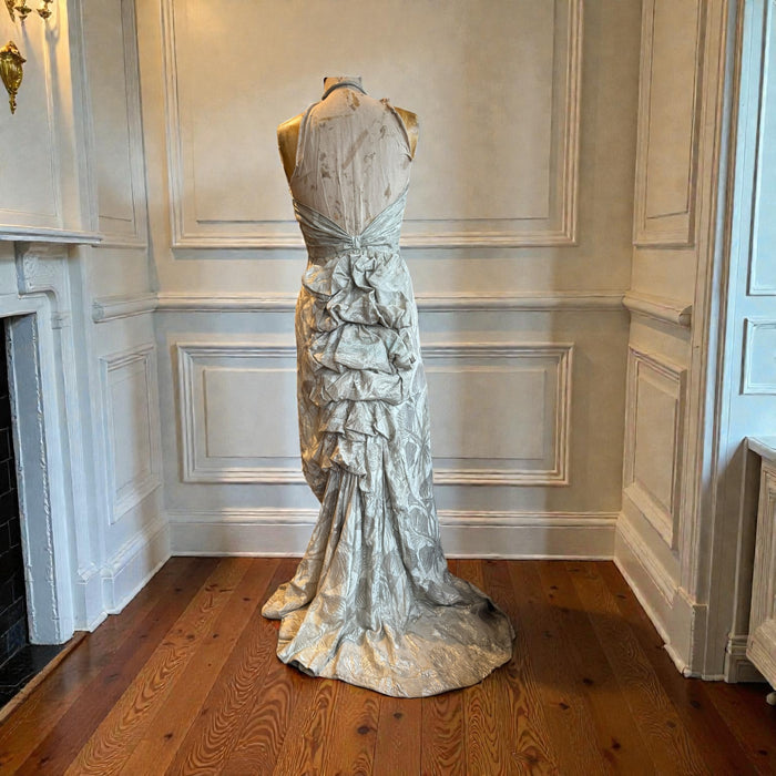 Monica, 20s silver floral lamé dress with bustle train