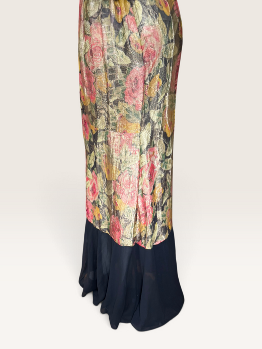 Dray, reworked 1920s floral lamé and metallic dress with glass black jet beaded fringed waistband