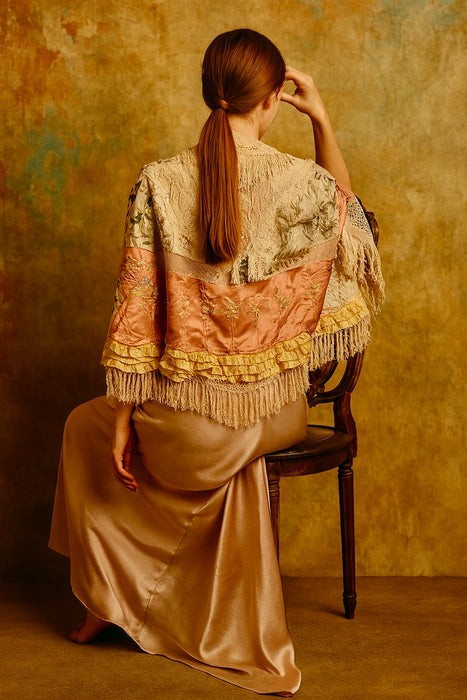 Shakes, 40s patchwork fringed cape with tassel tie