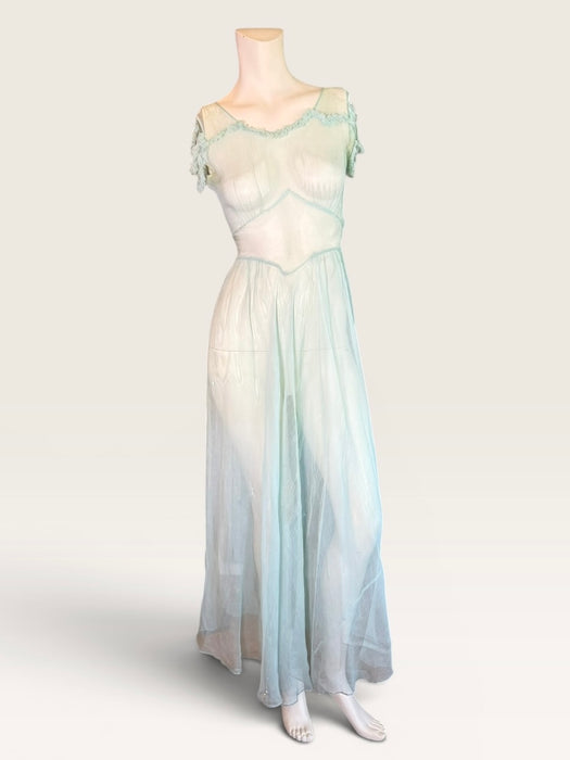 Ettore, original 30s pale blue silk chiffon dress with waist tie and frill shoulders