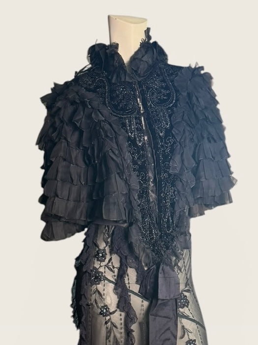 Elma, Victorian black silk ruffled cape with velour jet beaded collar