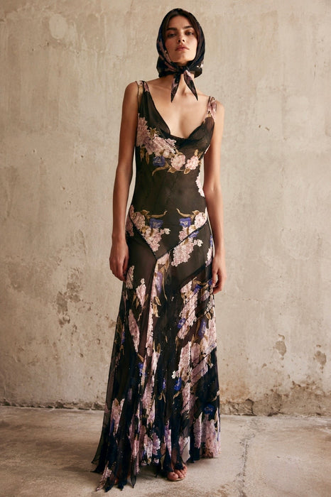 Taylor, 90s beaded bias cut floral print asymmetric dress