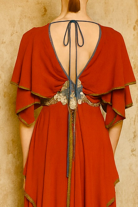 Maude, 70s jersey embroidered tiered dress
