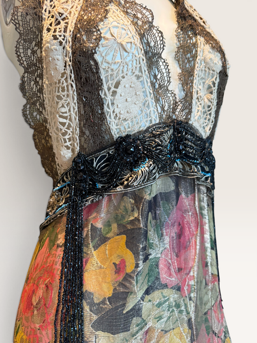 Dray, reworked 1920s floral lamé and metallic dress with glass black jet beaded fringed waistband