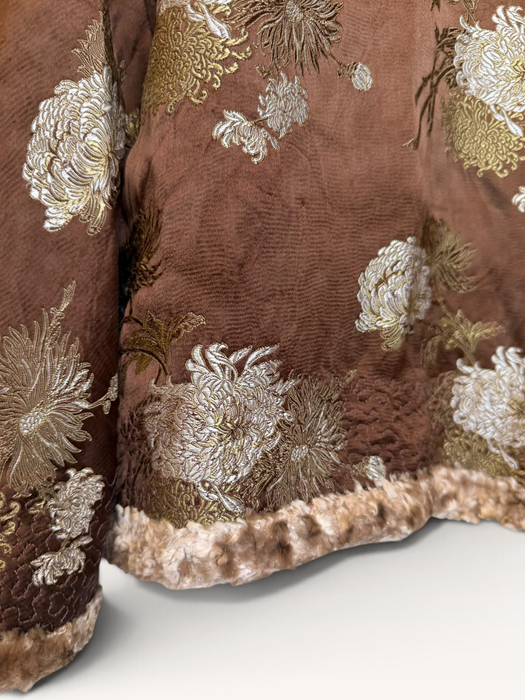 Edina, 70s Oriental camel silk damask teddy lined jacket