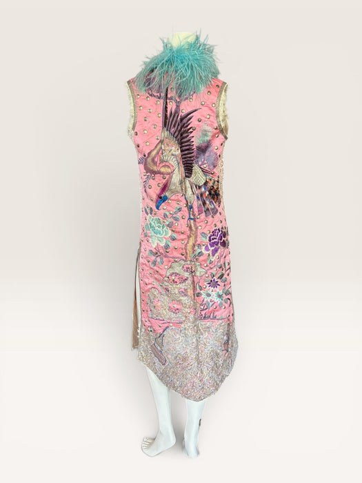 Adage, 19thC pink silk embroidered Chinese long waistcoat with feather collar