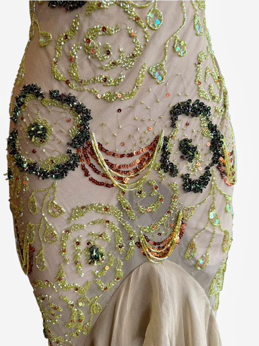 Flora, vintage bias cut beaded dress with ombré frill design