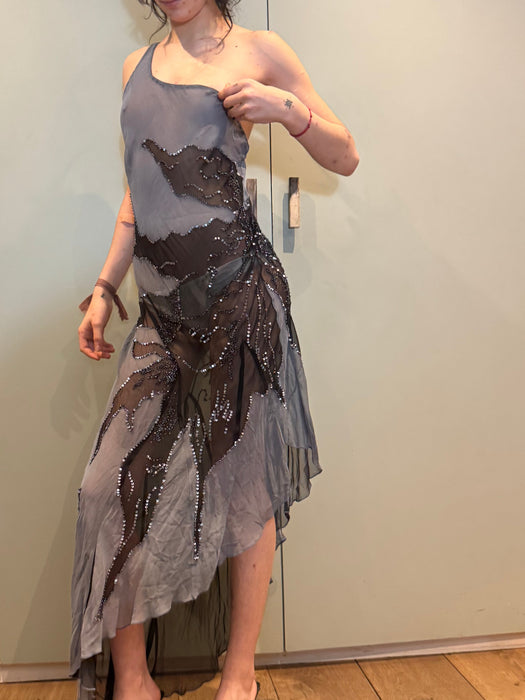 Sabrina, vintage bias cut asymmetric chiffon silk beaded dress