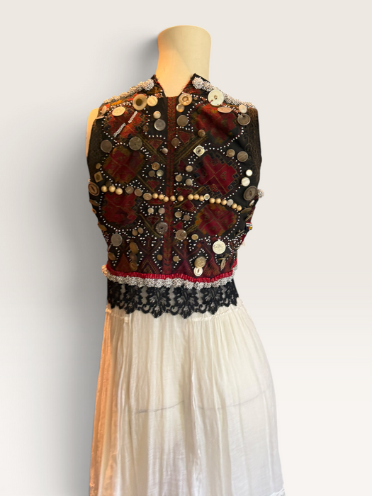 Natalia, reworked Victorian tiered skirt and Afghan beaded dress