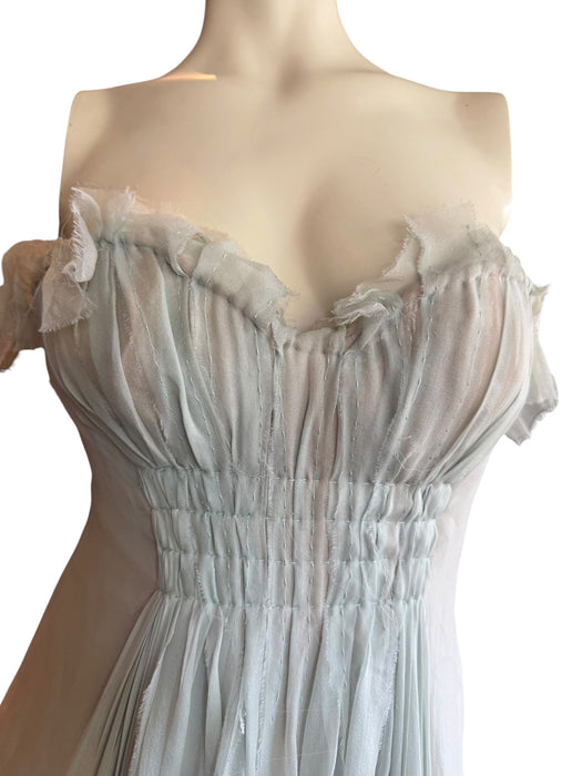 J Mendel, duck egg blue, chiffon draped corseted dress