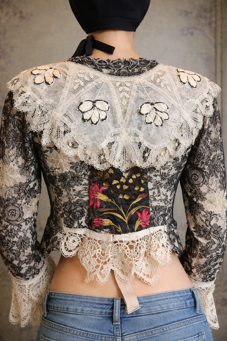 Perry, embellished Victorian lace jacket with hand painted motif
