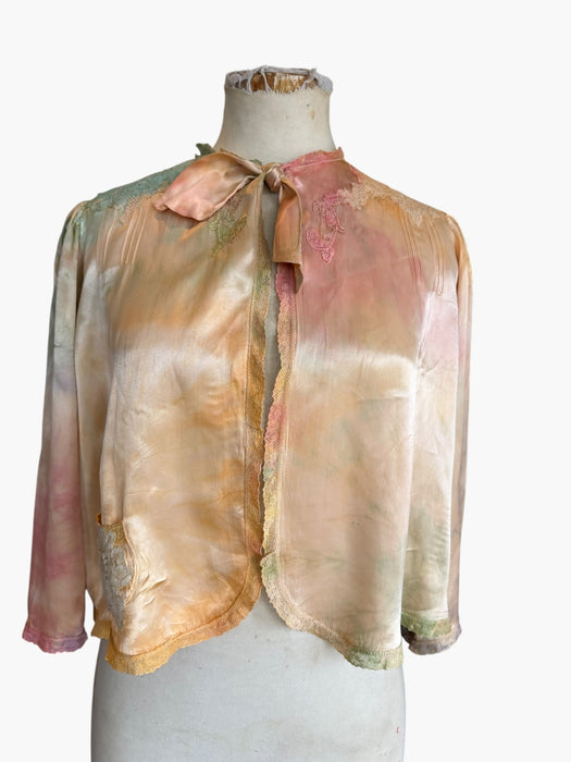 Kaz, hand dyed 30s silk and lace bolero with necktie and side pocket