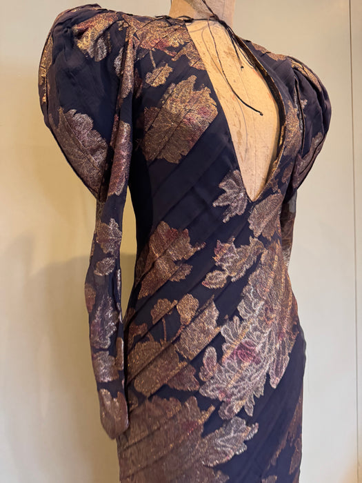 Farleigh, 30s couture silk damask mutton sleeve bias cut dress