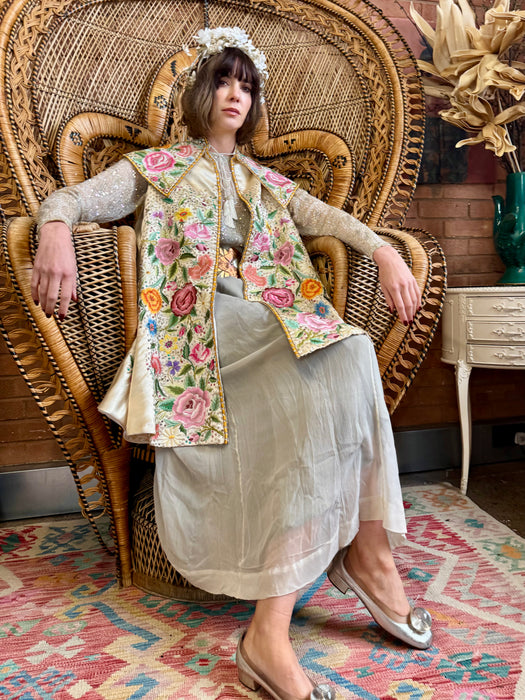 Sabrina, 30s silk floral embroidered and sequins cape