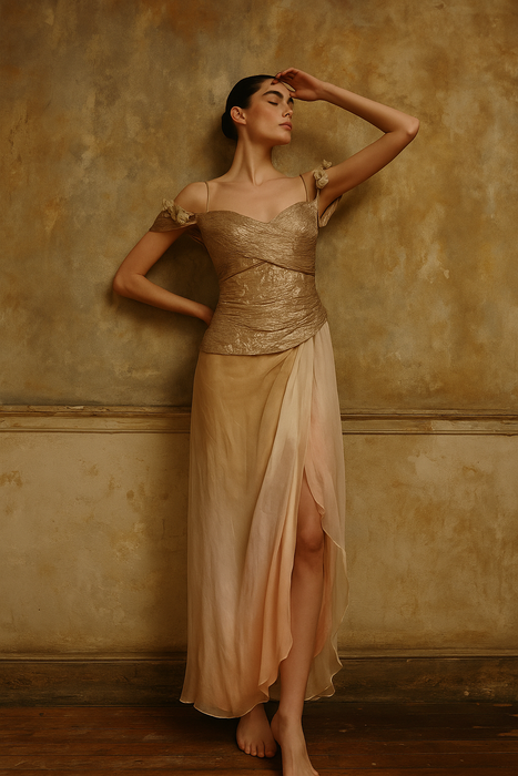 Zandra Rhodes, 70s gold lamé and chiffon draped dress with petal ombré skirt