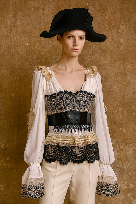 Pluto, reworked corseted lace and beaded poet blouse
