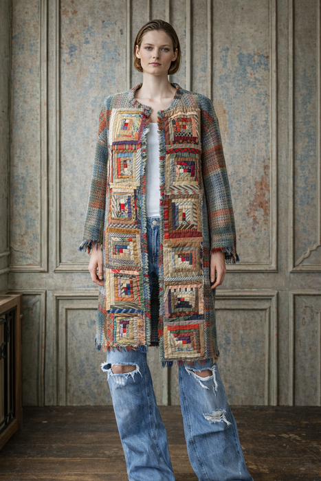 Kitty, reworked 70s blanket coat with Victorian patchwork samplers