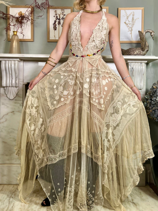 Wade, 20s cream lace halter neck dress