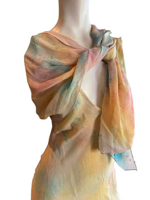 Aline, hand dyed 30s silk bias cut dress with attached belt/cape