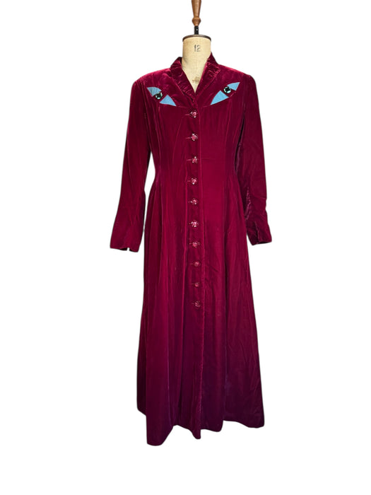 Michéle Pernetta, 80s burgundy velour cat eye long coat