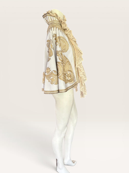 Shay, Ottoman cream and gold embroidered cape with cream lace ruffle collar