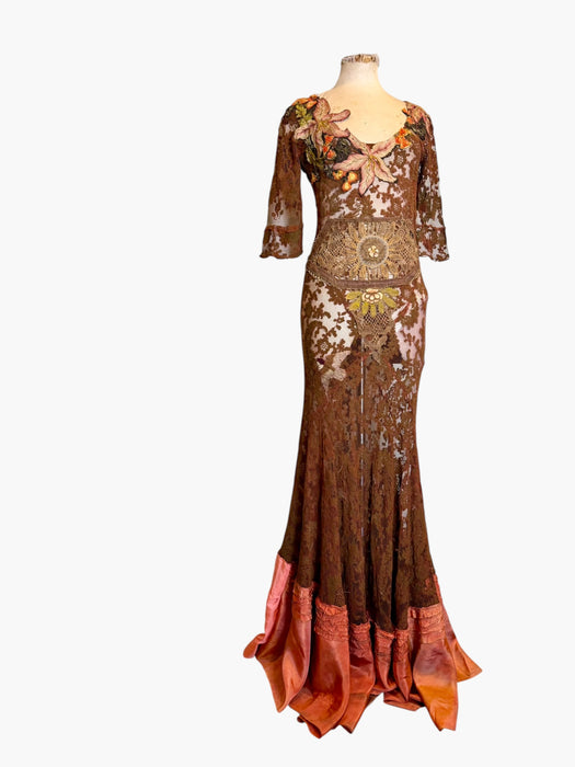 Arlo, 1930s burnt orange lace bias cut dress with Edwardian metallic embroidery and hand made silk florals