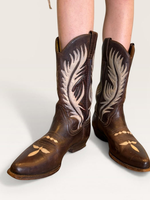 Ozark, 70s brown and cream tooled hand painted cowboy boots